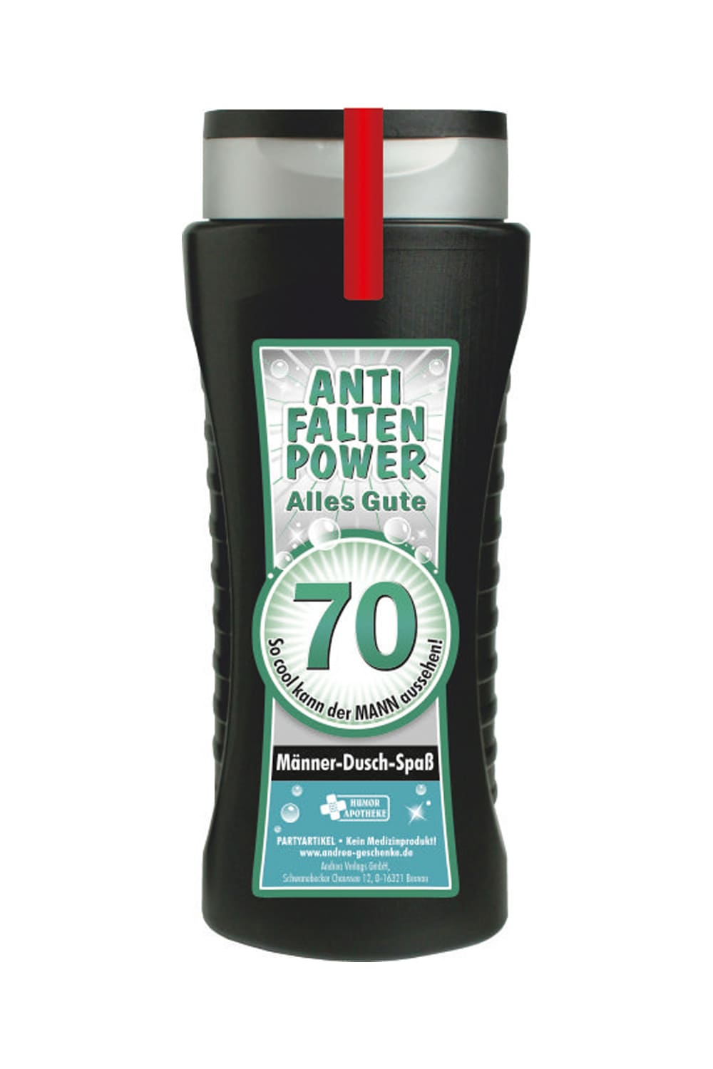 Tolles Männer Duschgel, mit der Zahl 70 und dem Spruch: Anti Falten Power. Alles Gute. So cool kann der Mann aussehen. fuer ein cooles Geschenk zum 70. Geburtstag. Ein grossartiges Gag Geschenk zum Schmunzeln und fuer einen absoluten Duschspass.