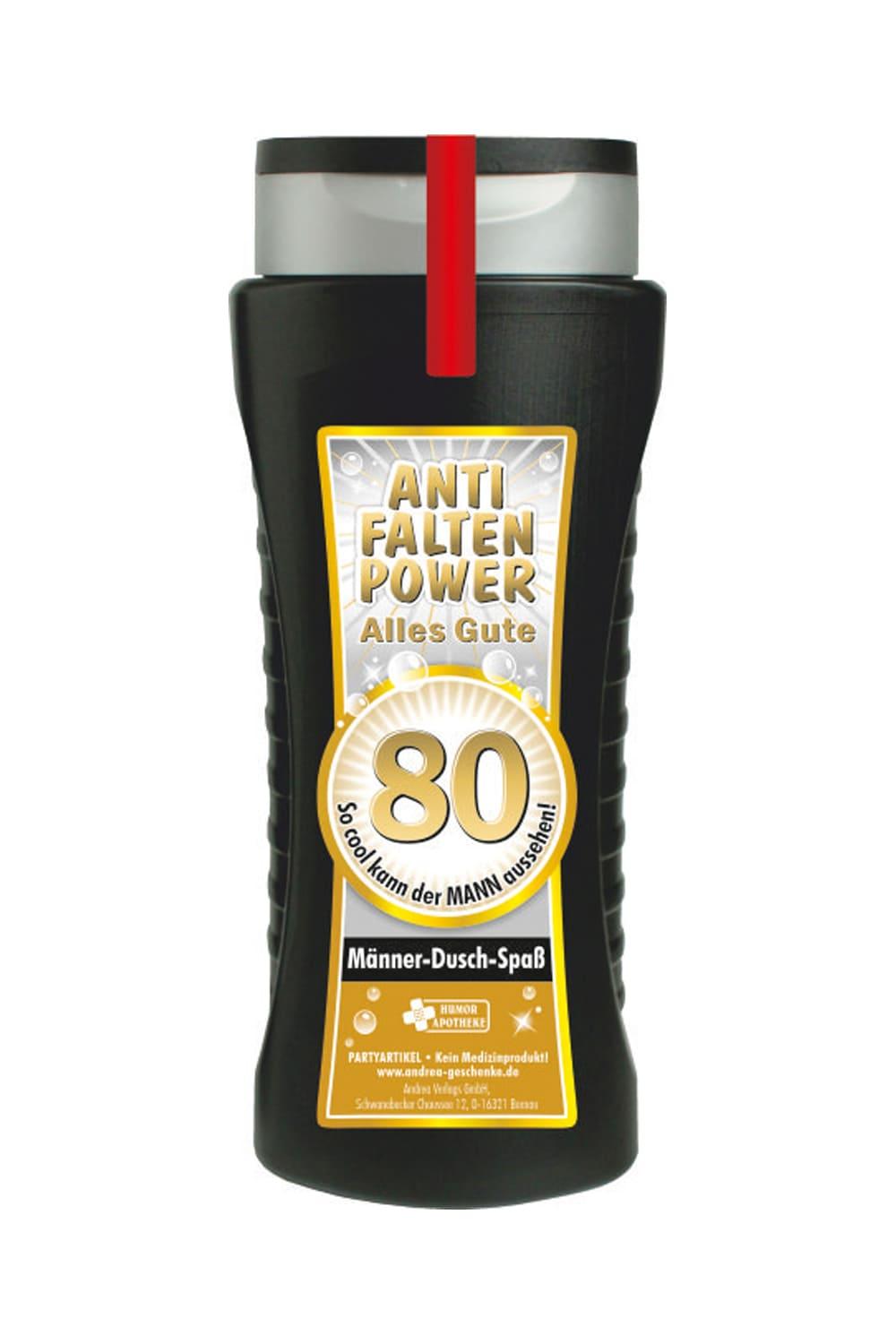 Tolles Maenner Duschgel, mit der Zahl 80 und dem Spruch: Anti Falten Power. Alles Gute. So cool kann der Mann aussehen. fuer ein cooles Geschenk zum 80. Geburtstag. Ein grossartiges Gag Geschenk zum Schmunzeln und fuer einen absoluten Duschspass.