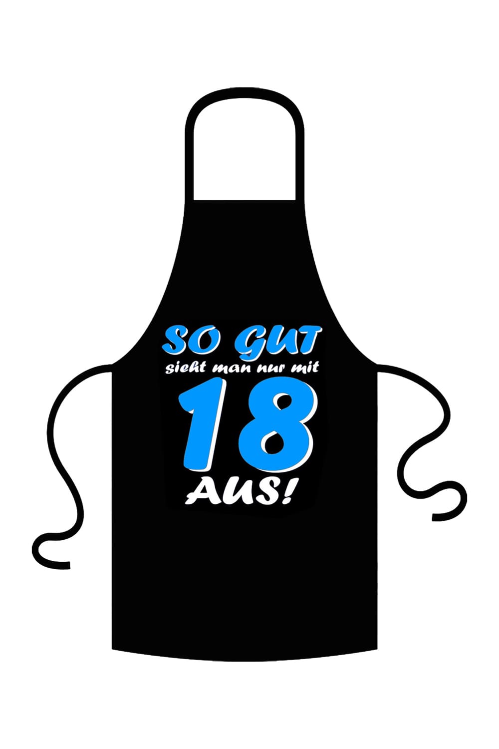 Die bedruckte Schuerze ist ein perfektes Geschenk zum 18. Geburstag. Die Kochschuerze ist aus 100% Baumwolle und hat folgenden Spruch aufgedruckt: So gut sieht man nur mit 18 aus! Die Textfarbe ist blau und die Textilfarbe ist schwarz.