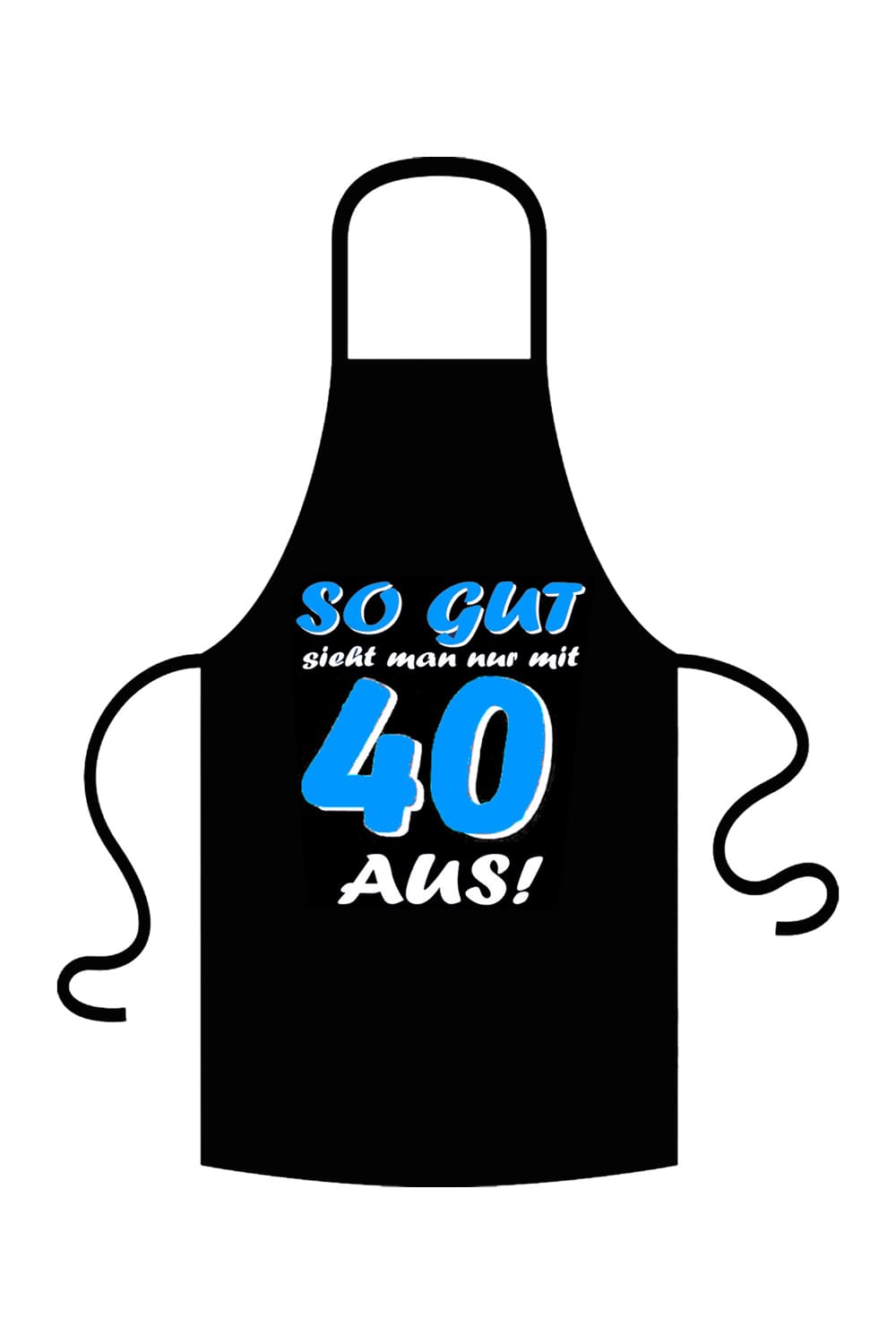 Die bedruckte Schuerze ist ein perfektes Geschenk zum 40. Geburstag. Die Kochschuerze / Grillschuerze ist aus 100% Baumwolle und hat folgenden Spruch aufgedruckt: So gut sieht man nur mit 40 aus! Die Textfarbe ist blau und die Textilfarbe ist schwarz.