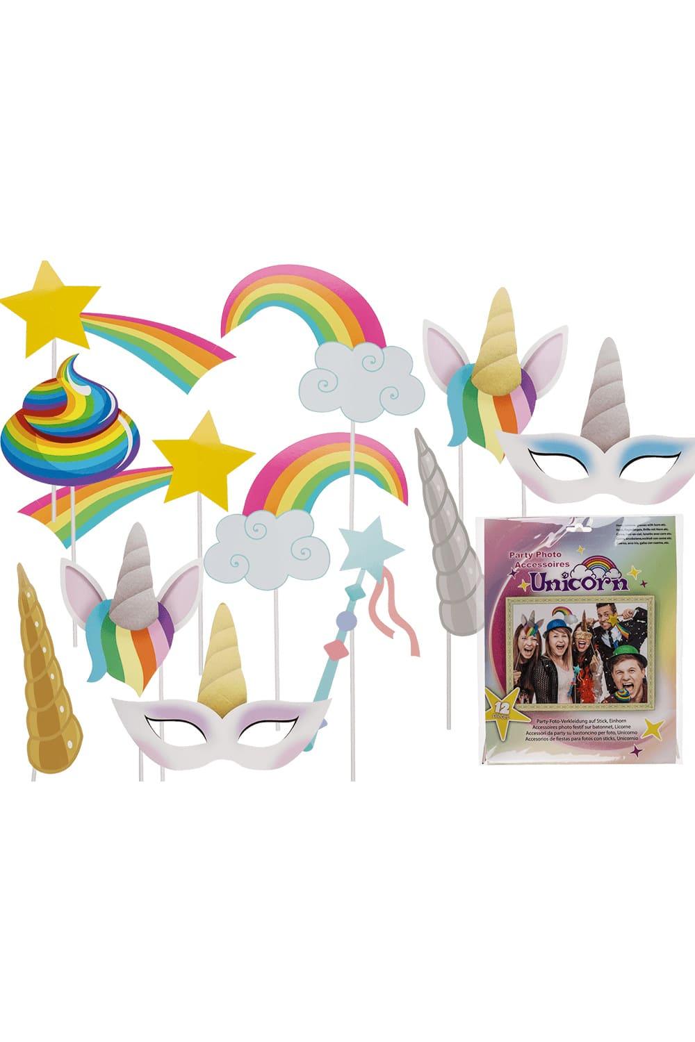 Diese kreativen Fotobox Requisiten bringen Schwung in die Party. Auch eine perfekte Unterhaltung fuer ein Familientreffen oder einen Geburtstag. Die Einhorn Requisiten sind im Set (12 Stk). Damit es schoen bunt und kreativ wird, sind die Unicorn Accessoires in 12 diversen Designs.