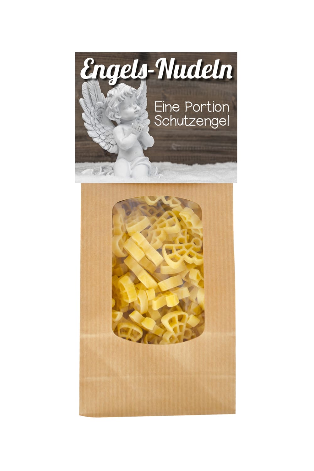 Die Nudeln sind in einer Engel Form. Auf der Naturverpackung steht ein leckeres Rezept und der Spruch: Eine Portion Schutzengel. Ein leckeres Pasta Geschenk.
