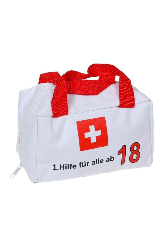 Eine witzige Geschenk Verpackung für den 18. Geburtstag. Die Notfall Tasche ist bedruckt mit der Geburtstagszahl und dem Spruch: 1. Hilfe für alle ab 18. Die Erste Hilfe Tasche kann beliebig gefuellt werden und laesst der Kreativität keine Grenzen. 