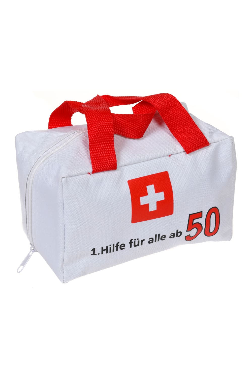 Eine witzige Geschenk Verpackung für den 50. Geburtstag. Die Notfall Tasche ist bedruckt mit der Geburtstagszahl und dem Spruch: 1. Hilfe fuer alle ab 50. Die Erste Hilfe Tasche kann beliebig gefuellt werden und laesst der Kreativitaet keine Grenzen.