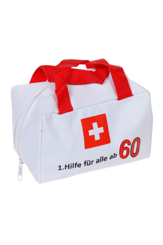 Eine witzige Geschenk Verpackung für den 60. Geburtstag. Die Notfall Tasche ist bedruckt mit der Geburtstagszahl und dem Spruch: 1. Hilfe fuer alle ab 60. Die Erste Hilfe Tasche kann beliebig gefuellt werden und laesst der Kreativitaet keine Grenzen.