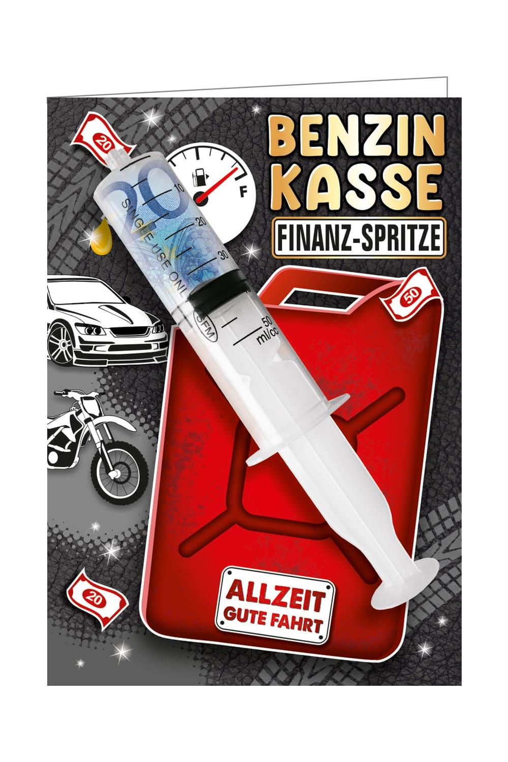 Diese originelle Karte hat folgende Aufschrift: Benzinkasse Finanzspritze. Allzeit gute Fahrt. Eine kreative Idee zum Ueberreichen von Bargeld fuer das Auftanken von Benzin. Einfach die Finanzspritze mit einer Geldnote befuellen und eine persoenliche Botschaft in die Karte schreiben. Einfach ein perfektes Geldgeschenk.