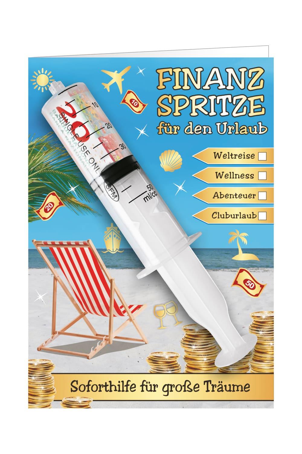 Die Karte mit der Aufschrift: Finanzspritze fuer den Urlaub. Mit der Auswahlmoeglichkeit um folgendes anzukreuzen: Weltreise, Wellness, Abenteuer oder Cluburlaub. Die Finanzspritze einfach mit einer Geldnote befuellen. Ein perfektes Geldgeschenk fuer Ferien oder ein Wellness Wochenende etc.