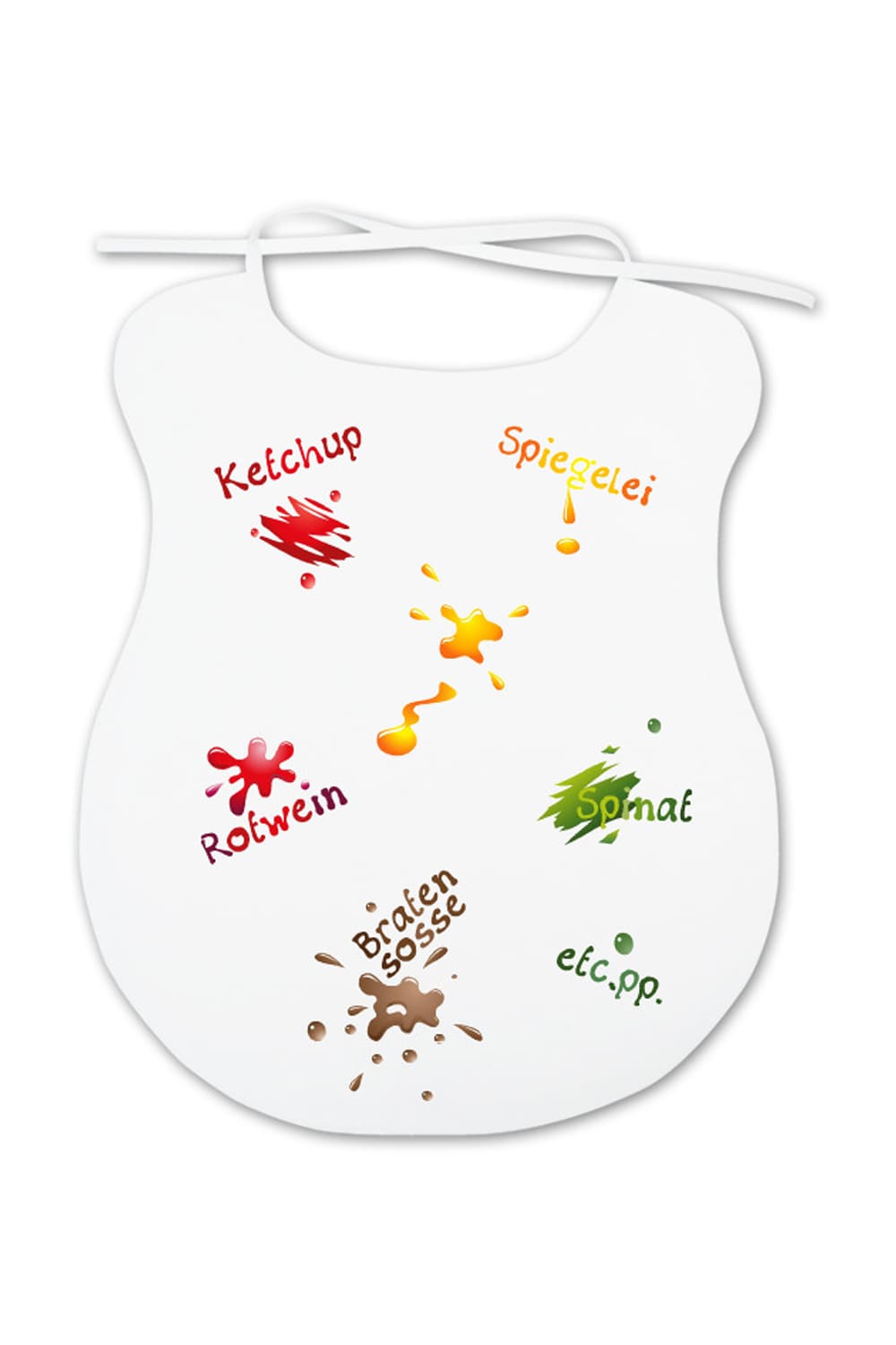 Der Esslatz ist ein lustiges Geschenk fuer Erwachsene! Auf dem Spaghettilatz sind witzige Lebensmittel Flecken abgebildet. Der Latz aus Baumwolle.