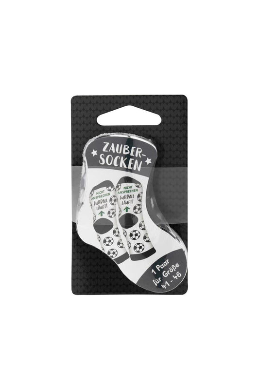 Diese magischen Zaubersocken sind einfach ein grossartiges Geschenk fuer alle, die Spass lieben! Einfach 15 Minuten im Wasser einweichen und schon hat man ein witziges paar Socken. Fussball Spasssocken mit dem Spruch: Nicht ansprechen. Fussball laeuft. Optimales Geschenk fuer Fussballfans.