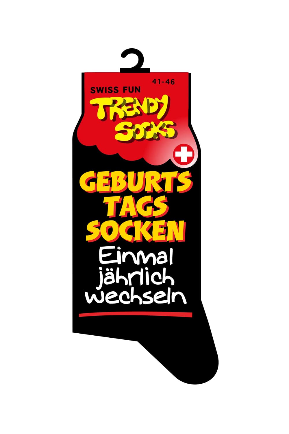 Spasssocken mit dem Spruch: Geburtstagssocken. Einmal jaehrlich wechseln. Diese ultimativen Spruchsocken bieten ein originelles Geschenk, dass nicht jeder hat. Die Spasssocken sind in einer Einheitsgroesse (41 – 46) und fuer Maenner sowie fuer Frauen geeignet.