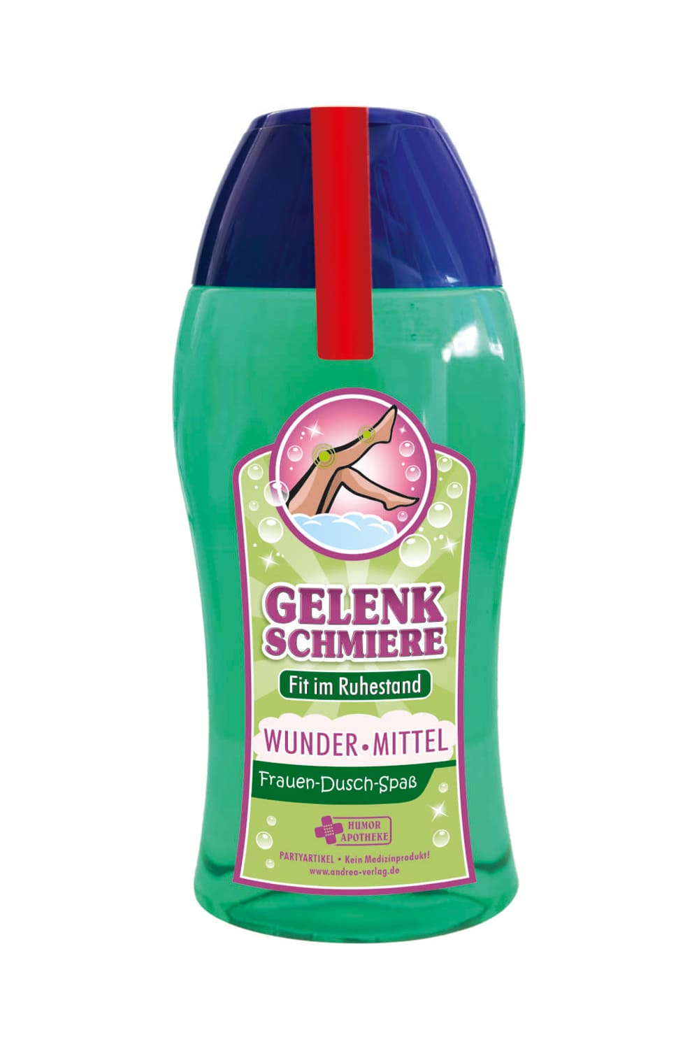 Witziges Duschgel, mit einem lustigem Bild und dem Spruch: Gelenk Schmiere. Fit im Ruhestand. Frauen Dusch-Spass. Dieses Duschmittel ist ein perfektes Pensionsgeschenk fuer die Frau und ein grossartiges Gag Geschenk zum Schmunzeln und einen absoluten Duschspass.