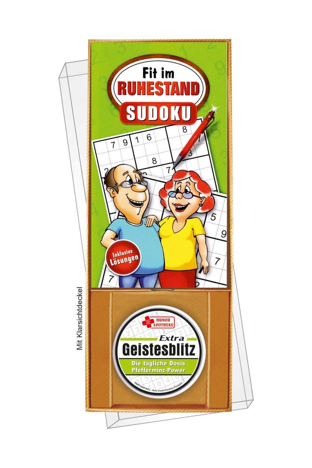 Die Ruhestand Geschenkbox beinhaltet das Sudoku Raetselbuch sowie die Pfefferminz Bonbons in der Spruchdose: Extra Geistesblitz.