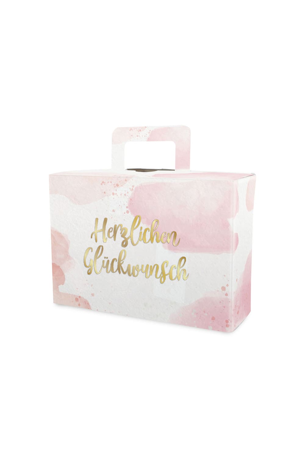 Der Geschenk Koffer ist mit der Aufschrift: Herzlichen Glueckwunsch und einem passenden Bild, bedruckt. Mit kleinem Kofferanhaenger fuer eine persoenliche Nachricht. Der Pappkoffer ist eine originelle, witzige und edle Geschenkverpackung. Perfekt zum selbst Befuellen mit kleinen Geschenken.