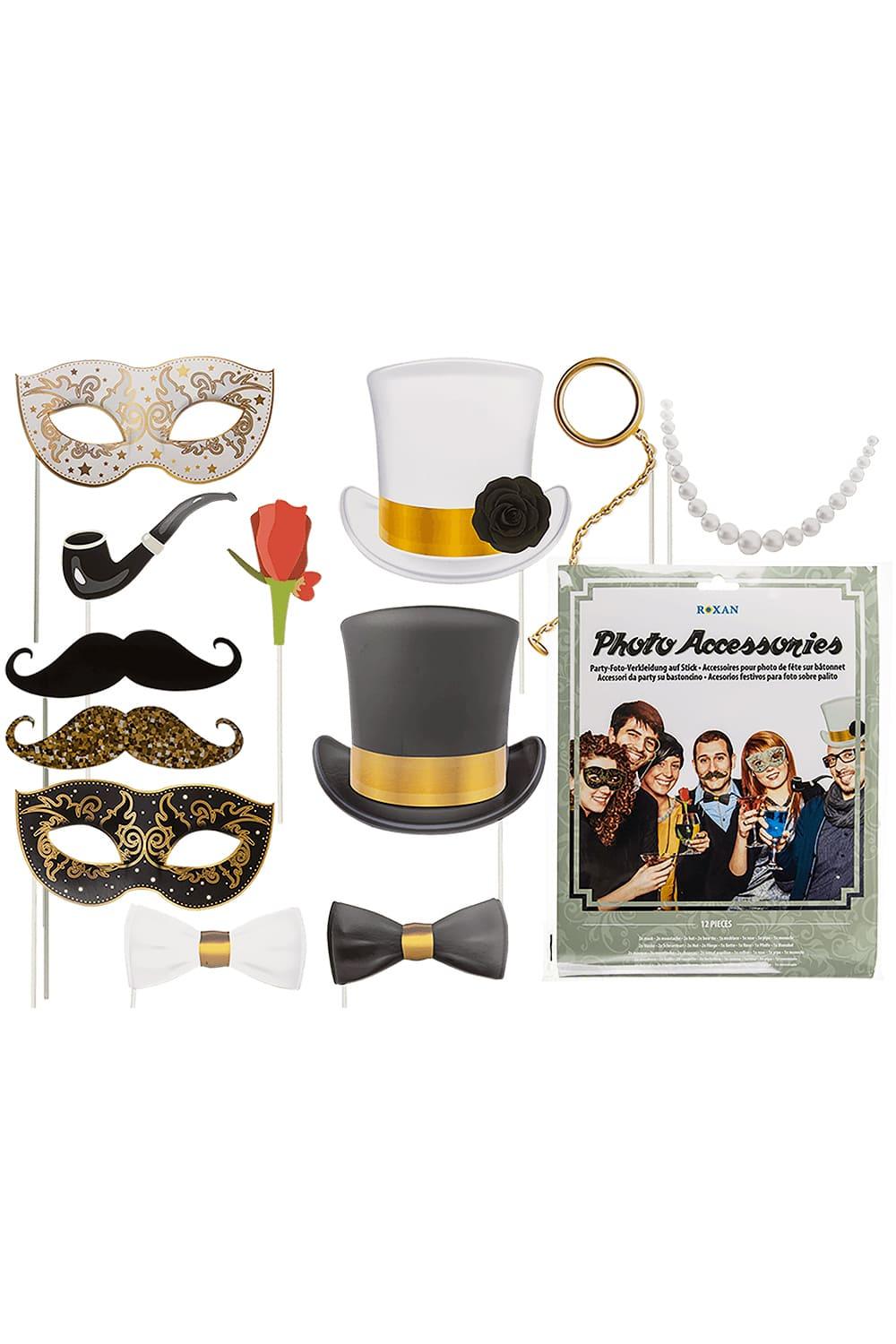 Diese kreativen Fotobox Requisiten bringen Schwung in die Party. Auch eine perfekte Unterhaltung fuer ein Familientreffen, einen Geburtstag oder eine Hochzeit. Die Glamour Requisiten sind im Set (12 Stk). Damit es schoen bunt und kreativ wird, sind die Accessoires in 12 diversen Designs.