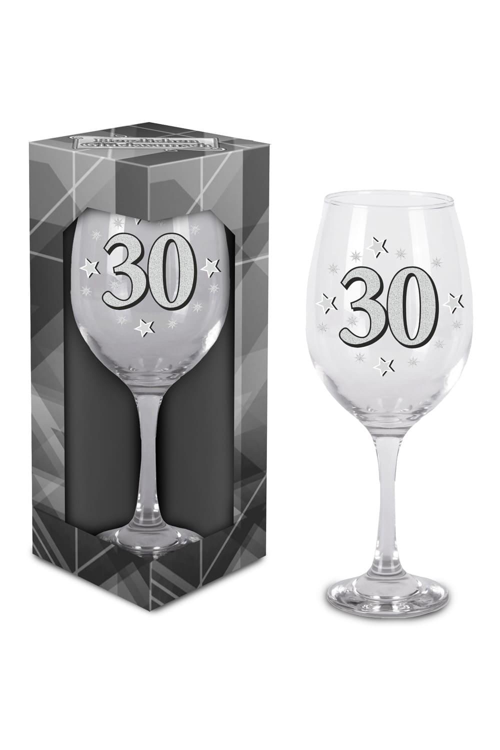 Dieses schoene Glas ist bedruckt mit der Zahl 30. Grosses Weinglas oder Cocktailglas zum 30. Geburtstag. Einzel verpackt in einem Geschenkkarton. Einfach ein kreatives Geschenk zum 30. Geburtstag oder zu einem Jubilaeum!
