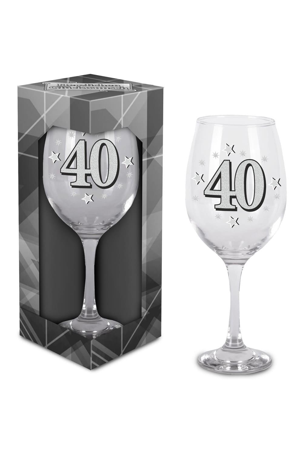 Dieses schoene Glas ist bedruckt mit der Zahl 40. Grosses Weinglas oder Cocktailglas zum 40. Geburtstag. Einzel verpackt in einem Geschenkkarton. Einfach ein kreatives Geschenk zum 40. Geburtstag oder zu einem Jubilaeum!