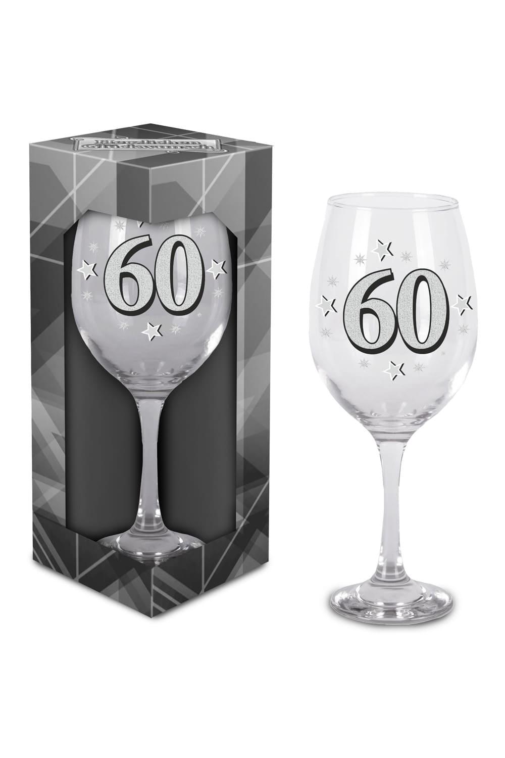 Dieses schoene Glas ist bedruckt mit der Zahl 60. Grosses Weinglas oder Cocktailglas zum 60. Geburtstag. Einzel verpackt in einem Geschenkkarton. Einfach ein kreatives Geschenk zum 60. Geburtstag oder zu einem Jubilaeum!