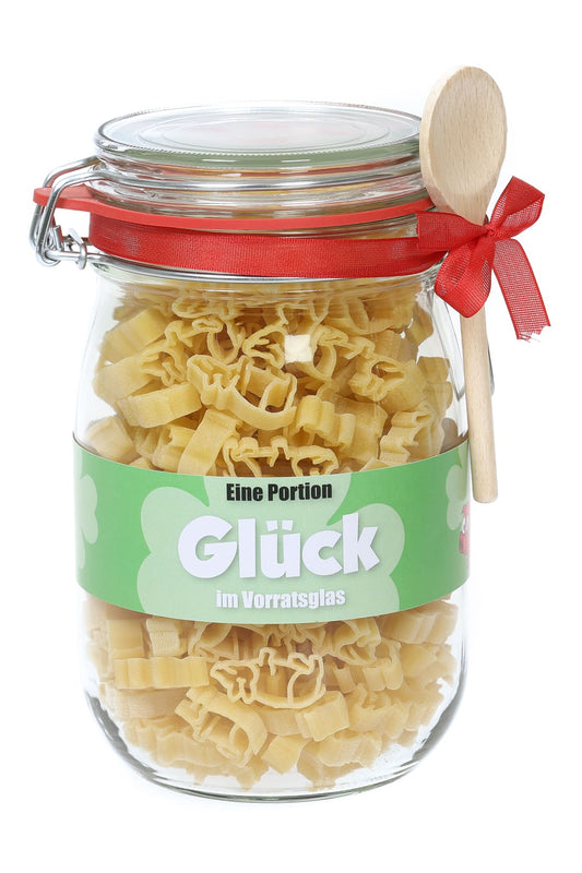 Das Geschenkglas voller Glueck! Ein ideales Pasta Geschenk mit dem Spruch: Eine Portion Glueck im Vorratsglas. Die Pasta sind in Form eines Gluecksschweinchen!