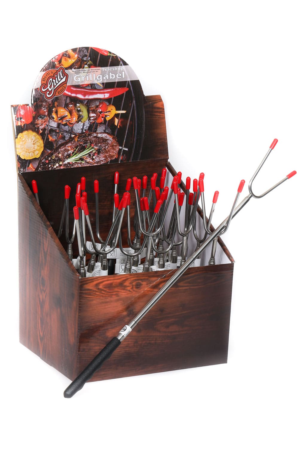 Der Grillspiess ist ausziehbar bis zu ca. 73 cm Die Grillade einfach auf den Grillstecken spiessen und uebers Feuer halten. Der Spiess fuer absoluten Grillspass.