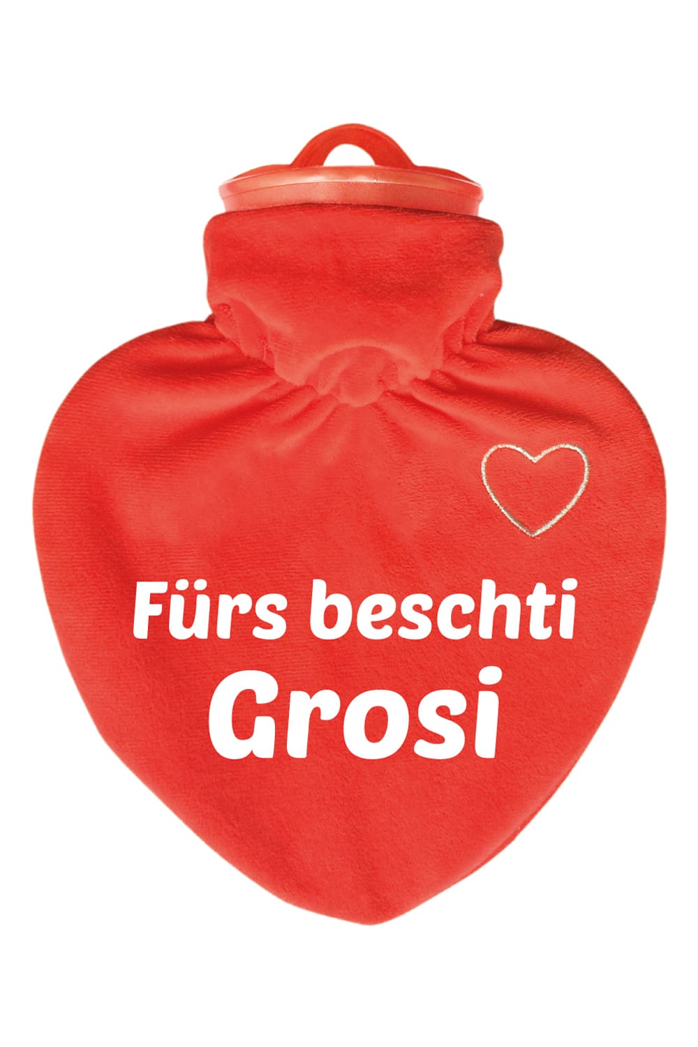 Diese Herz Bettflasche ist ein hochwertiges Qualitaetsprodukt. Mit rotem Veloursueberzug und dem mundart Spruch: Fuers beschti Grosi. Wohltuendes Geschenk!
