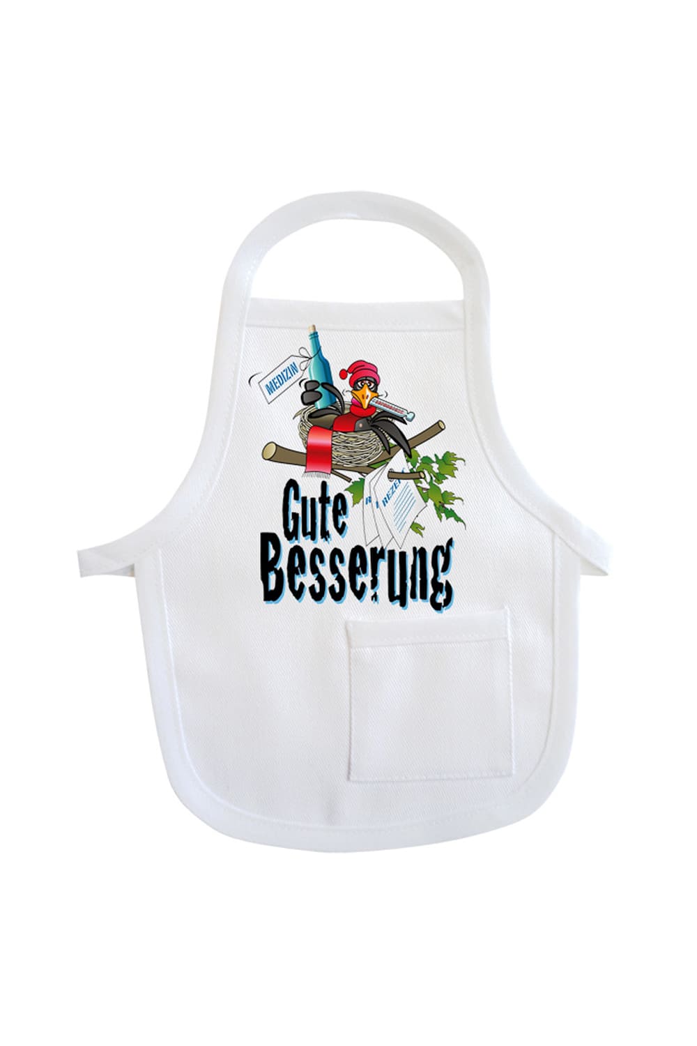 Die Mini Schuerze ist ein lustiges Accessoire fuer Geschenke und Flaschen. Einfach die Mini Schuerze um eine Flasche oder um ein Geschenk haengen und fertig ist die originelle Geschenkverpackung. Die Flaschenschuerze mit der Aufschrift: Gute Besserung. Zusaetzlich ist auf der kleinen Schuerze ein Vogel Bild aufgedruckt.