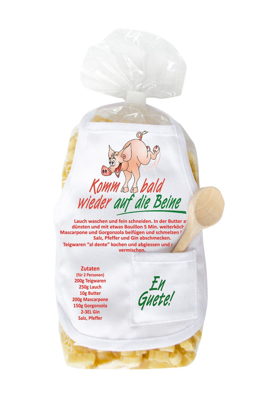 Die gute Besserung Pasta sind in Form eines Gluecksschweinchen. Verpackung mit Mini Kochschuerze und dem Spruch: Komm bald wieder auf die Beine. Geschenk zur Genesung.