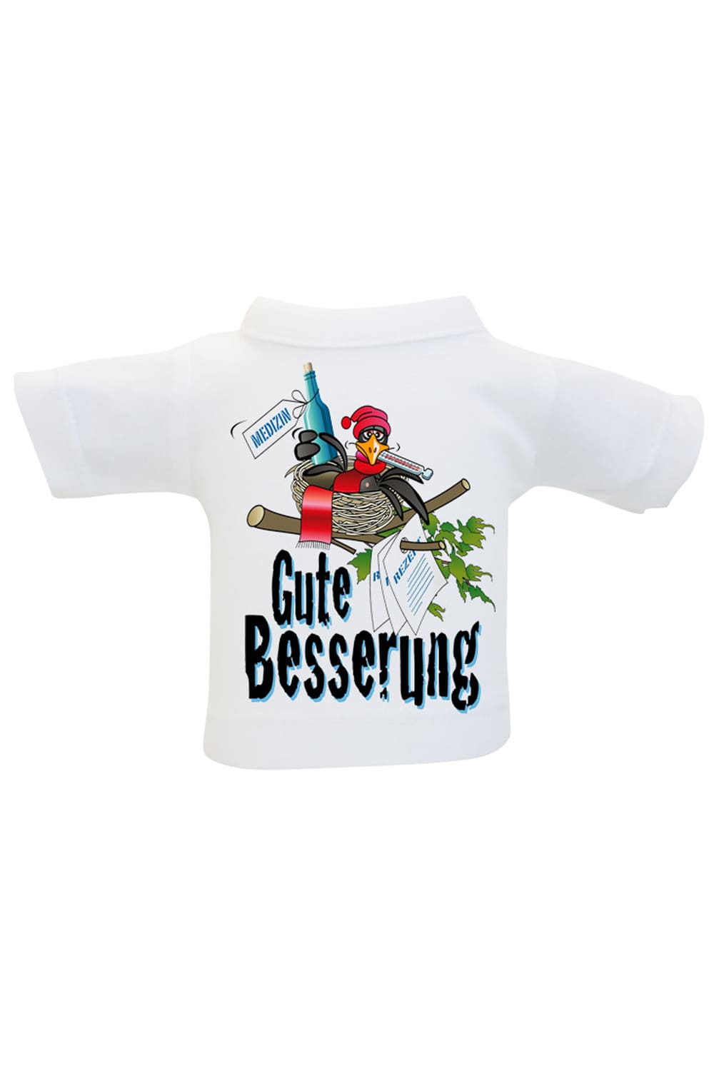 Das Mini T-Shirt mit der Aufschrift: Gute Besserung. Zusaetzlich ist auf dem kleinen Shirt ein witziges Vogel Bild aufgedruckt. Eine kreative Geschenkverpackung fuer alle Menschen denen man gute Genesung wuenscht, damit sie schnell wieder auf die Beine kommen. Flaschenshirt.