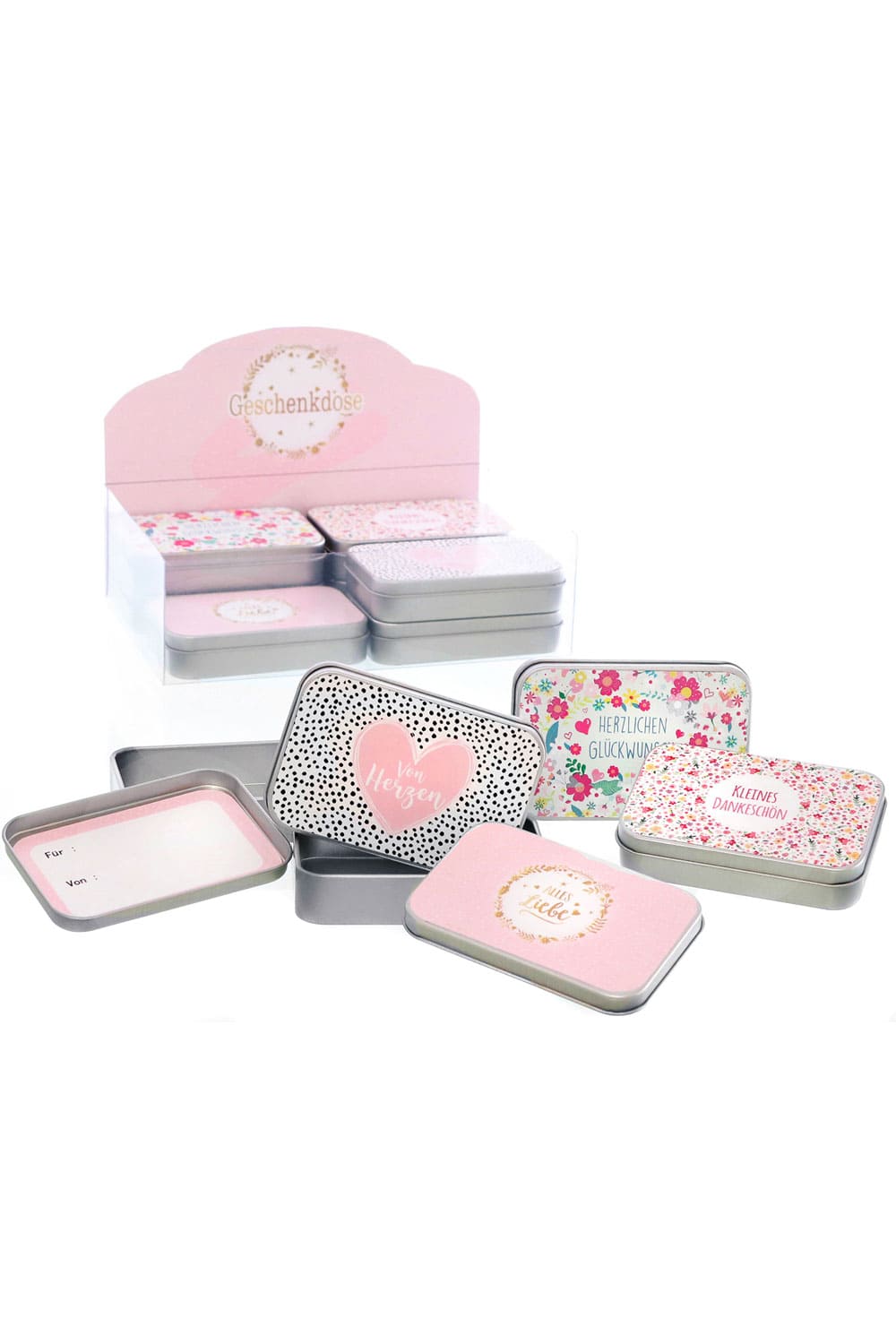 Eine perfekte Geschenkidee um ein Geldgeschenk oder Gutscheingeschenk, kreativ zu verpacken. Die herzige Gutscheindose. Die Dose gibt es in vier diversen Motiven: Von Herzen, Alles Liebe, kleines Dankeschoen, herzlichen Glueckwunsch