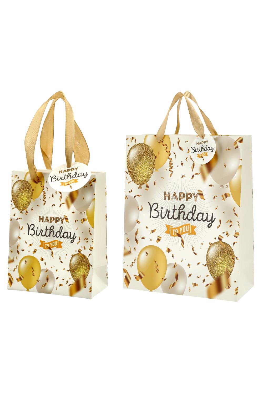 Hochwertige Geschenktasche mit der Aufschrift: Happy Birthday und schoenem Ballon Motiv. Eine goldige Geschenktuete zum Geburtstag! Die Geschenktuete gibt es in drei unterschiedlichen Groessen (auswaehlbar). Einfach eine originelle und chice Geschenkverpackung!