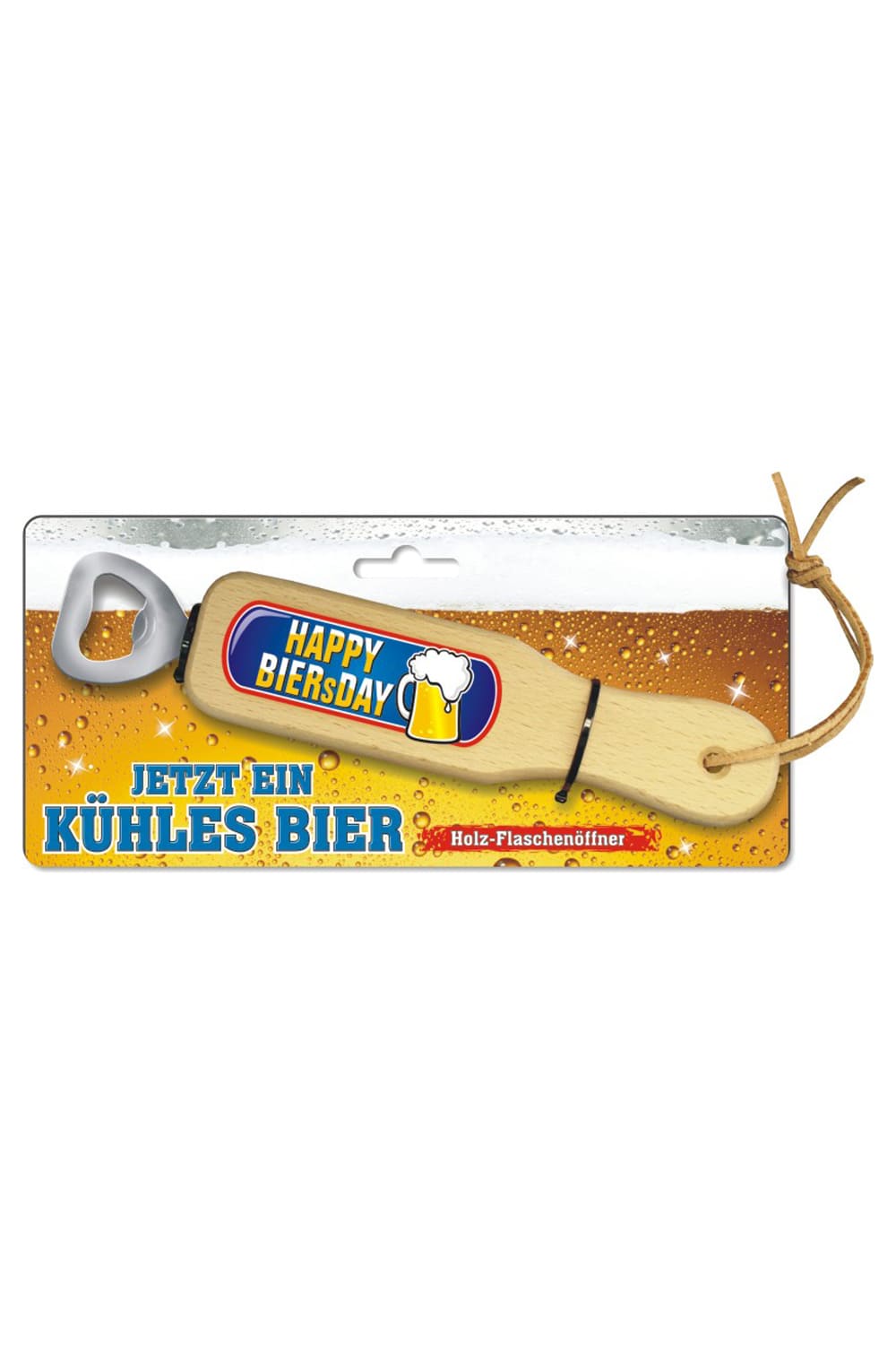 Ein witziges Geschenk fuer alle Frauen und Maenner, die Spass verstehen und gerne mal ein Bier trinken. Dieser Bier Holzflaschenoeffner hat einen Lederbaendel und kann somit ueberall angehaengt werden. Der Griff des Bieroeffners ist aus Holz und der Oeffner ist aus Metall. Cooler Bieroeffner mit dem Spruch: Happy Biersday.