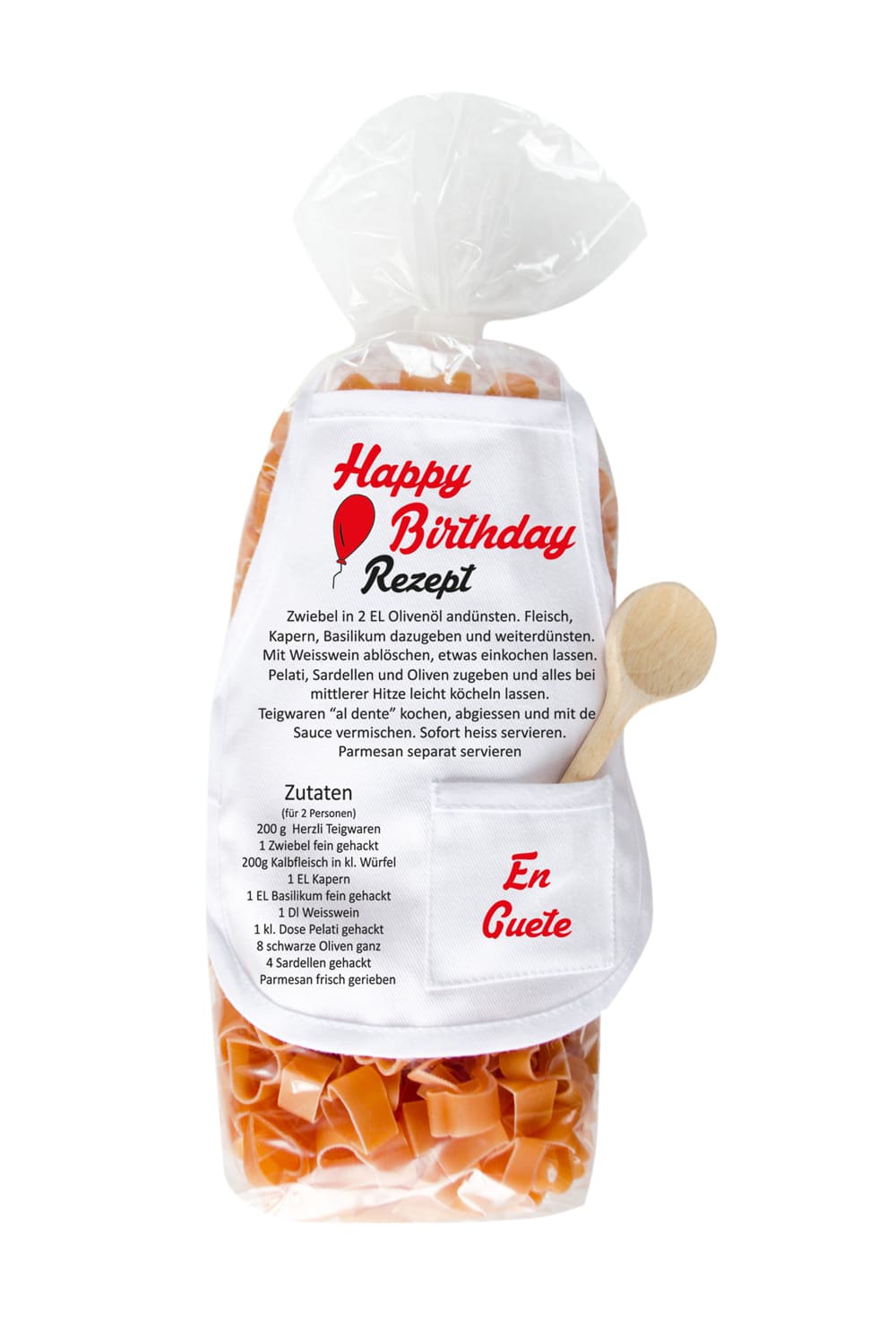 Die Happy Birthday Pasta sind in Herz Form und in einer schoenen Verpackung mit Mini Kochschuerze. Mit dem Spruch: Happy Birthday. Leckeres Nudelgeschenk.