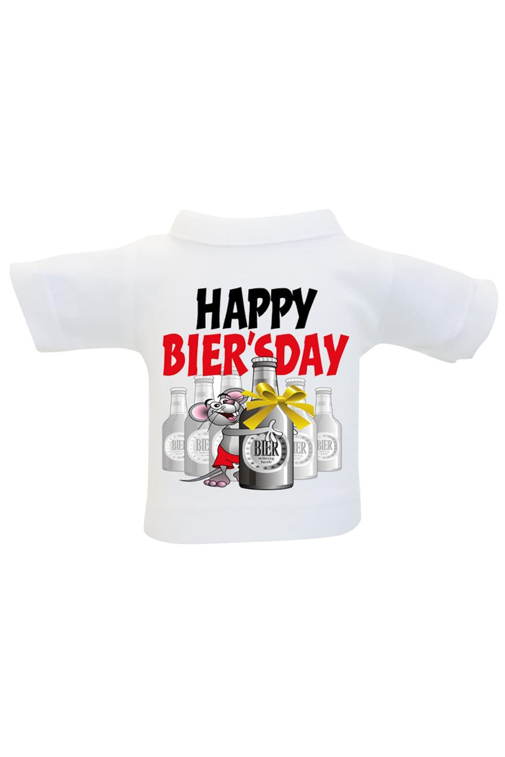 Das Mini T-Shirt ist ein lustiges Accessoire fuer Plueschtiere, Geschenke und Flaschen. Einfach das Mini Shirt einer Weinflasche oder einem Teddy anziehen und fertig ist die originelle Geschenkverpackung. Kleines Flaschenshirt mit der Aufschrift: Happy Bier'sday.