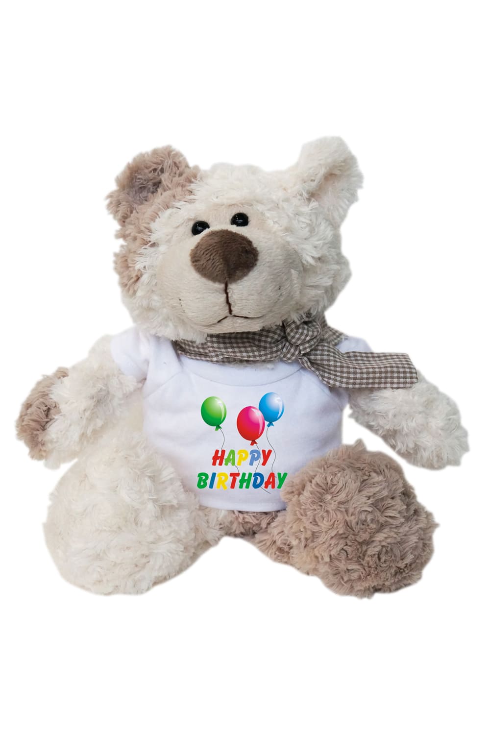 Happy Birthday Plüschbär mit Spruch Shirt. Perfektes Geburtstagsgeschenk. Auf dem Mini T-Shirt sind Luftballons abgebildet.