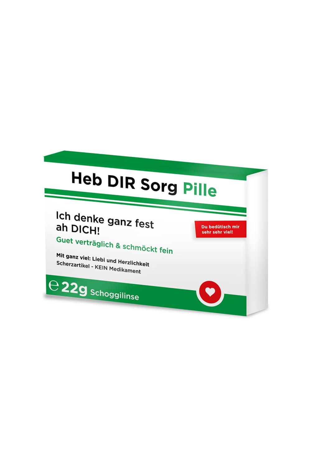 Die Scherztabletten sind in einer Verpackung, die aussieht wie eine Medizinschachtel mit folgenden mundart Sprueche: Heb DIR Sorg Pille. Ich denke ganz fest ah Dich! Guet vertraeglich & schmoeckt fein. Mit ganz viel: Liebi und Herzlichkeit. Du beduetisch mir sehr sehr viel! Humor Apotheke, kein Medizinprodukt!