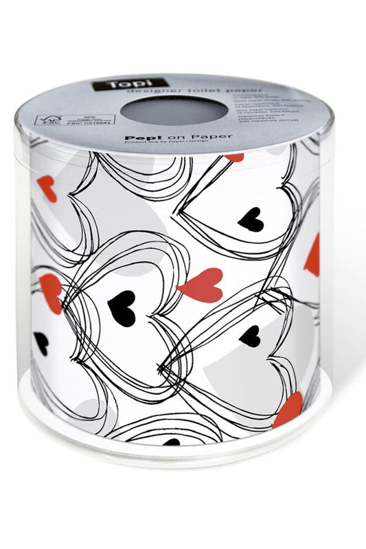 Toilettenpapier mit Herzen. Dieses WC-Papier ist ein witziges Geschenk für einen Einzug in die erste Wohnung als Liebespaar. Herz Klopapier