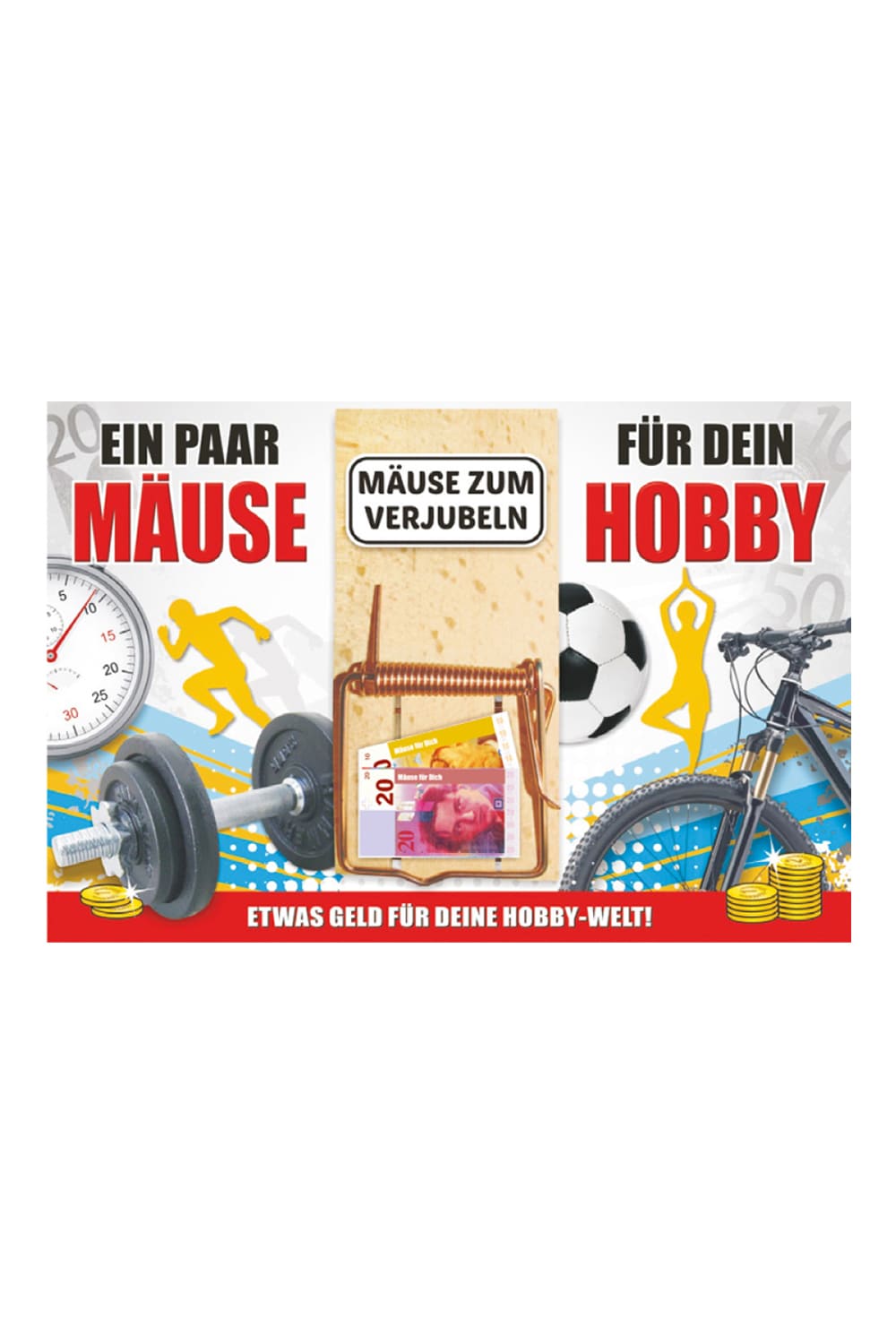 Die Hobby Klappkarte mit der Mausefalle praesentiert Ihr Geldgeschenk absolut originell und kreativ. Noetli einfach in die Mausefalle klemmen und den Text in die Doppelkarte schreiben. Ein einfallreiches Geldgeschenk fuer jeden Anlass. Jetzt bei Geschenk Insel, der Geschenke Onlineshop!