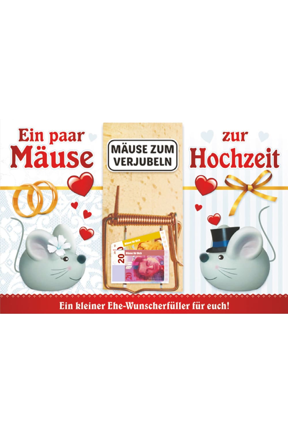 Die Hochzeit Klappkarte mit der Mausefalle praesentiert Ihr Geldgeschenk absolut kreativ. Noetli einfach in die Mausefalle klemmen und den Text in die Doppelkarte schreiben. Ein einfallreiches Geldgeschenk fuer ein Brautpaar, dass sich das Ja Wort gibt um gemeinsam durch das Leben zu gehen. Ein super Hochzeitsgeschenk.Die Doppelkarte mit dem Spruch: Ein paar Mäuse zur Hochzeit. Mäuse zum verjubeln. Ein kleiner Ehe-Wunscherfueller für Euch!