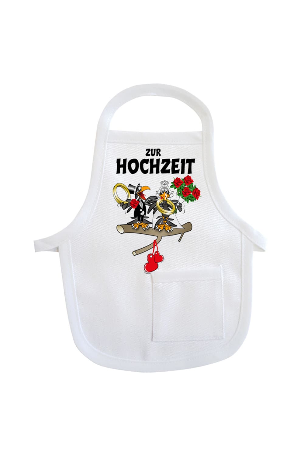 Einfach die Mini Schuerze um eine Weinflasche oder um ein Geschenk haengen und fertig ist die originelle Geschenkverpackung. Die Flaschenschuerze mit der Aufschrift: Zur Hochzeit. Zusaetzlich ist auf der kleinen Schuerze ein lustiges Bild mit einem Vogel Hochzeitspaar aufgedruckt.