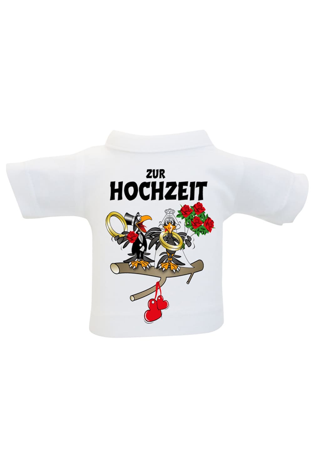Das Hochzeit Flaschenshirt ist ein lustiges Accessoire fuer Geschenke und Flaschen. Einfach das Mini T-Shirt einer Weinflasche anziehen und fertig ist die originelle Geschenkverpackung. Das Mini T-Shirt mit der Aufschrift: Zur Hochzeit. Zusaetzlich ist auf dem kleinen Shirt ein Bild mit einem Vogel Hochzeitspaar aufgedruckt.