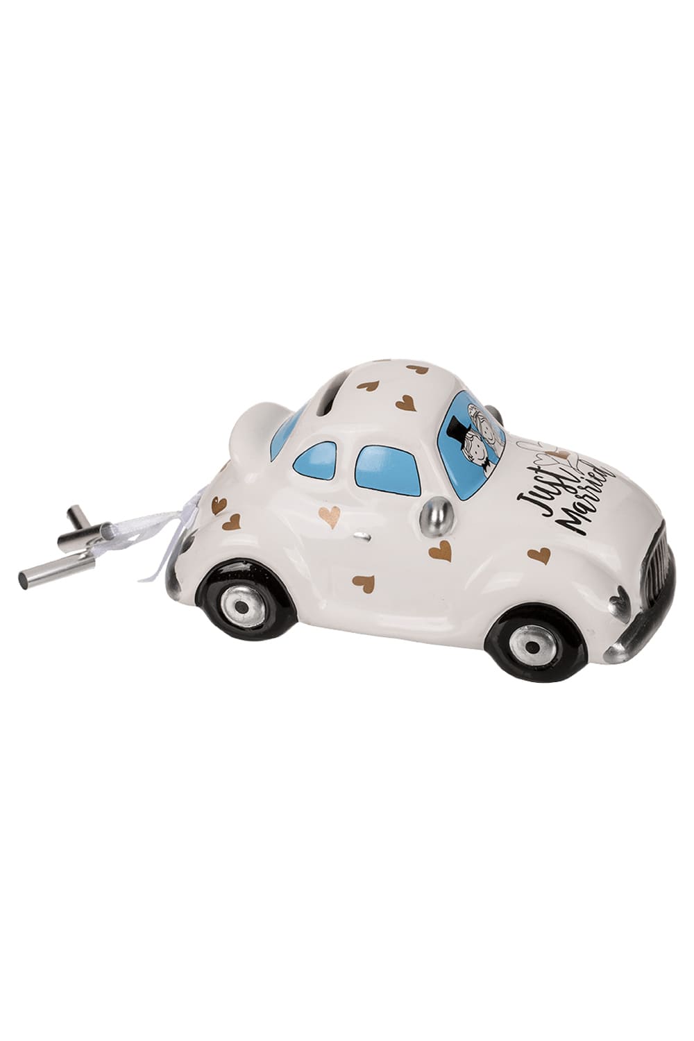 Sind Sie auf der Suche nach einem grossartigen Geldgeschenk fuer eine Hochzeit? Wuenschen Sie dem Hochzeitspaar mit diesem Hochzeitsauto nur das Beste fuer den gemeinsamen Weg. Sparkaesseli mit der Aufschrift: Just Married. Zusaetzlich sind goldige Herzchen abgebildet und am Auto sind drei Buechschen befestigt. Fuer das Brautpaar.