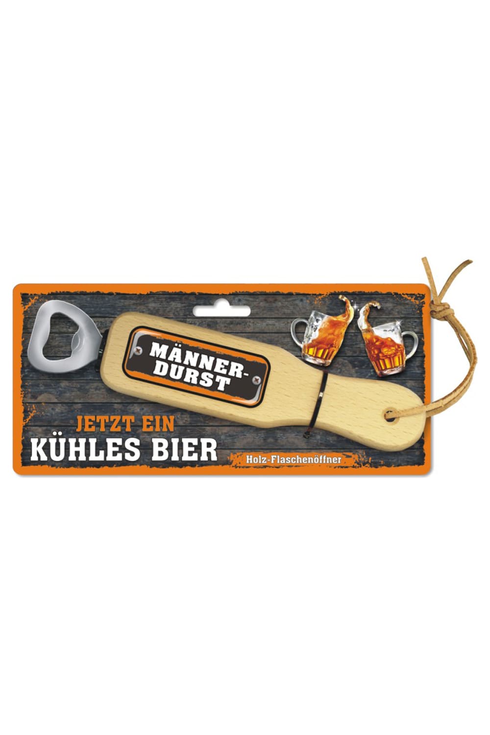 Der Holzflaschenoeffner ist ein witziges Geschenk fuer Maenner die gerne Bier trinken. Der Bieroeffner mit dem Spruch: Maennerdurst. Jetzt ein kuehles Bier.
