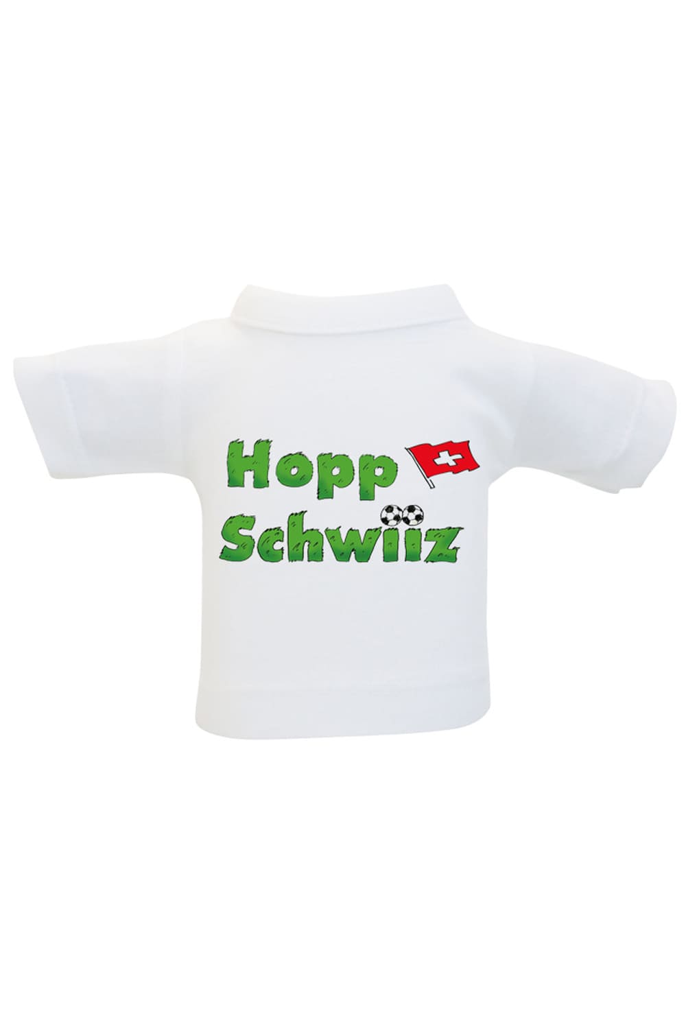 Das Mini T-Shirt mit der Aufschrift: Hopp Schwiiz. Zusaetzlich ist auf dem kleinen Flaschenshirt ein Bild mit Fussball und Schweizer Fahne aufgedruckt. Eine kreative Switzerland Geschenkverpackung fuer alle Fussball Fans. Auch perfekt als Mitbringsel aus der Schweiz.