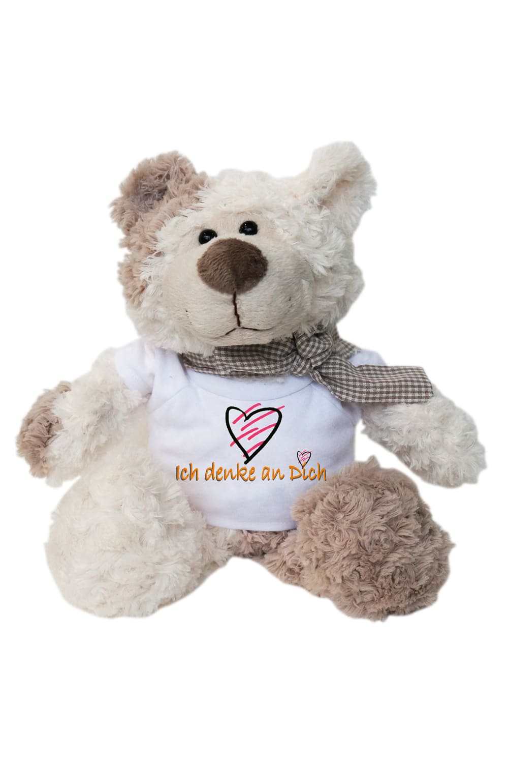 Ich denke an Dich Plueschbaer. Teddybaer mit Spruch Shirt als Geschenk fuer jeden Anlass.