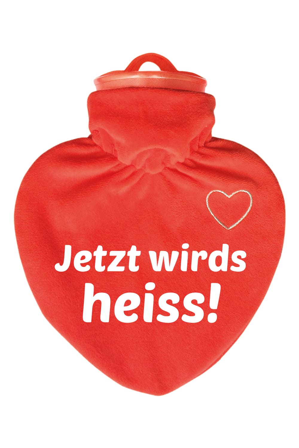 Die Herz Bettflasche ist ein hochwertiges Qualitaetsprodukt. Mit rotem Veloursueberzug und dem Spruch: Jetzt wirds heiss! Wohltuende Waermeflasche als Geschenk!