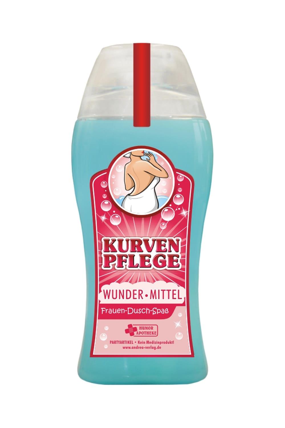 Das Duschmittel kann die Frau zum Baden oder unter der Dusche verwenden. So oder so ist dieses Duschgel ein richtiger Plausch. Tolles Aroma Duschgel, mit Bild und dem Spruch: Kurvenpflege. Wunder Mittel. Frauen Dusch Spass. Ein cooles Geschenk zum Geburtstag, zum Muttertag oder zu Weihnachten.