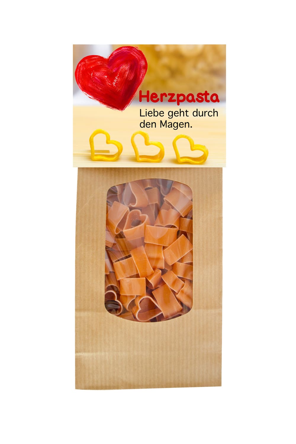 Die Herzpasta in Herzform sind in einem Geschenkbeutel verpackt. Mit dem Spruch: Liebe geht durch den Magen. Hergestellt werden die Pasta in der Schweiz.