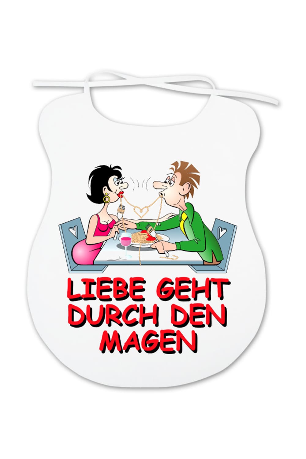 Dieser Latz ist ein lustiges Geschenk fuer Erwachsene. Spaghettilatz mit witzigem Bild und dem Spruch: Liebe geht durch den Magen. Jetzt bei Geschenk Insel!
