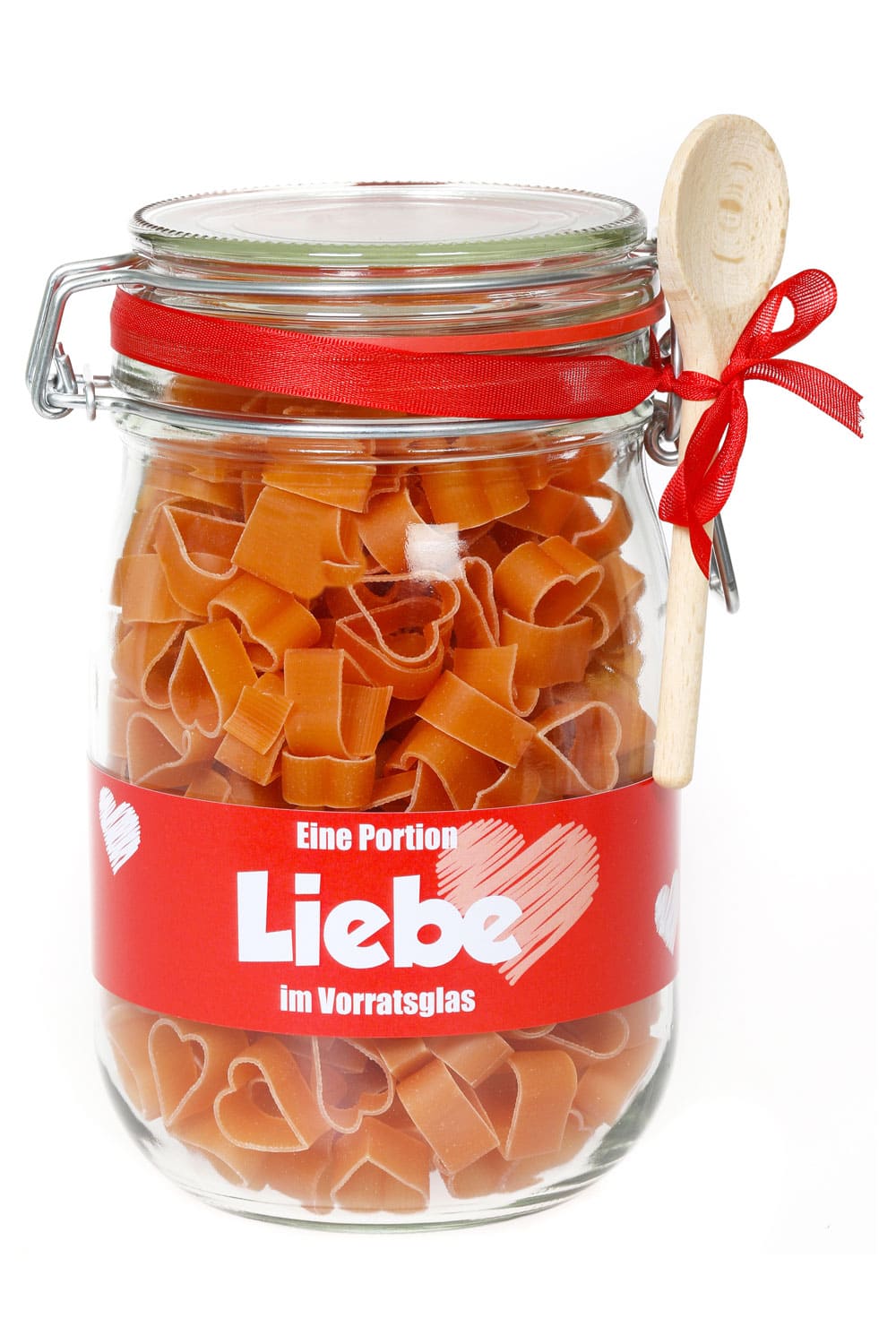 Liebe im Vorratsglas mit einer Portion Liebe. Tolle Pasta Geschenkbox aus Glas mit Schlaufe und kleinem Holz Kochloeffel. Nudeln als Geschenk mit viel Liebe zum Geburtstag, zum Valentinstag, zum Muttertag. Herzpasta und Nudeln als Geschenk