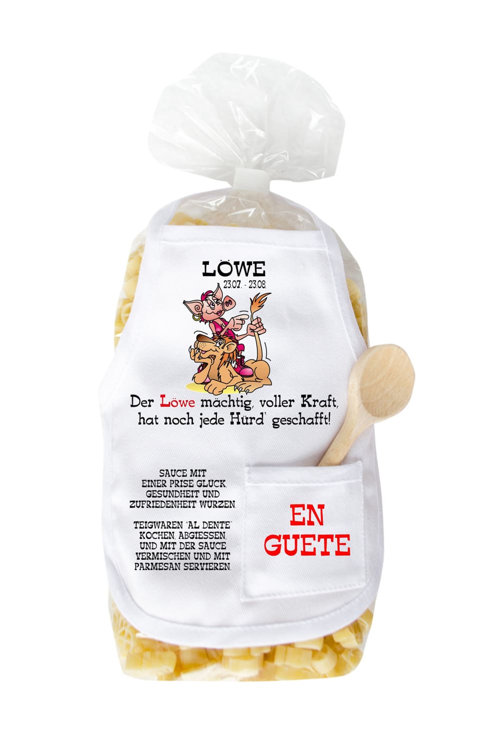 Die Sternzeichen Pasta sind in Schweinchen Form. Mit dem Spruch: Loewe 23.07-23.08. Der Loewe maechtig, voller Kraft, hat noch jede Huerd' geschafft!