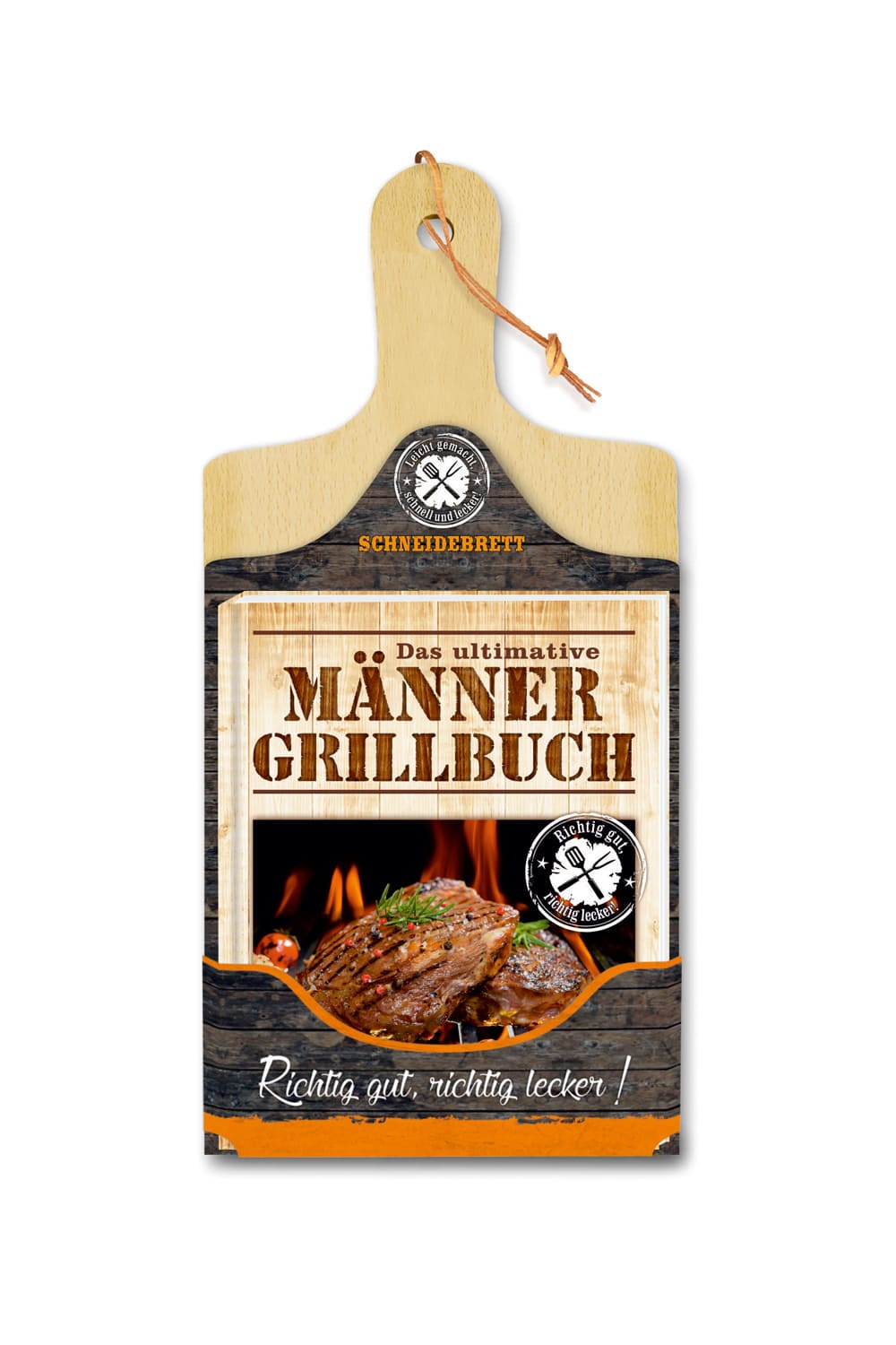 Dieses Maenner Grillbuch ist mit einem Schneidebrett aus Holz. Ein praktisches Maennergeschenk. Mit vielen leckeren Rezepte rund um das Thema Grillen.